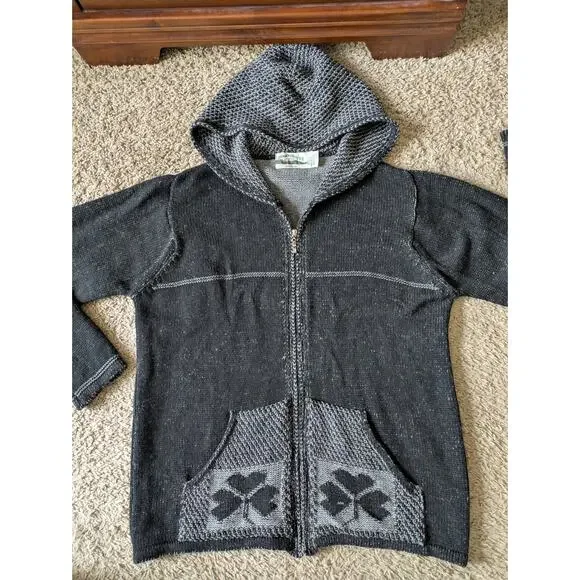 Aran Crafts Hoddie Sweater Full Zip Womens L Black-Gray Merino Wool Shamrock - Picture 3 of 9